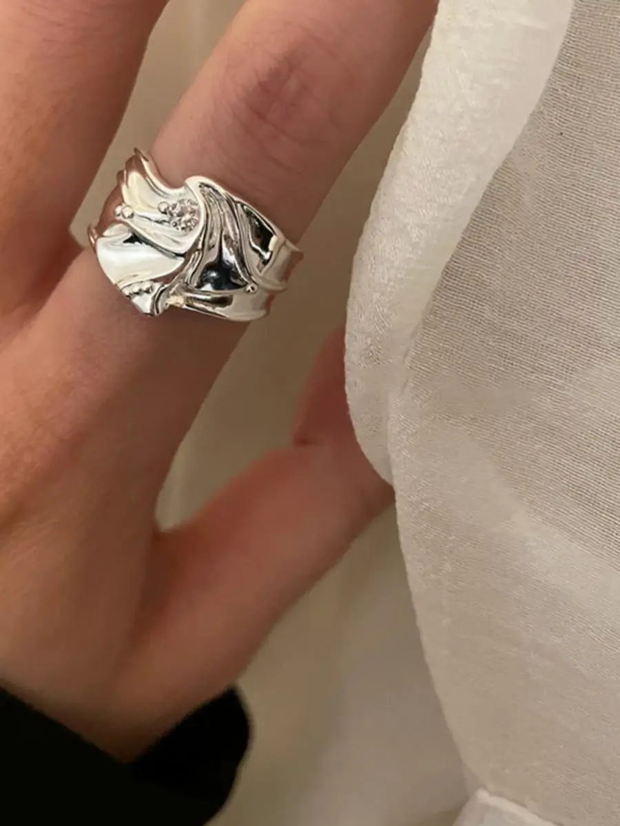 

S925 Silver Irregular Ring for Women Vintage Exaggerated Cool aped Open Finger Ring Tee Dimensional Personali Index Ring