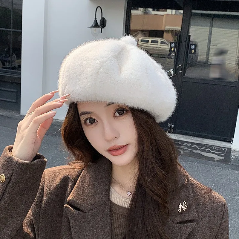 Winter Imitation Sable Velvet Korean Beret Cute Ins Soft Warm Thickened Big Head Cap Outdoor Trend Shopping Octagonal Hat