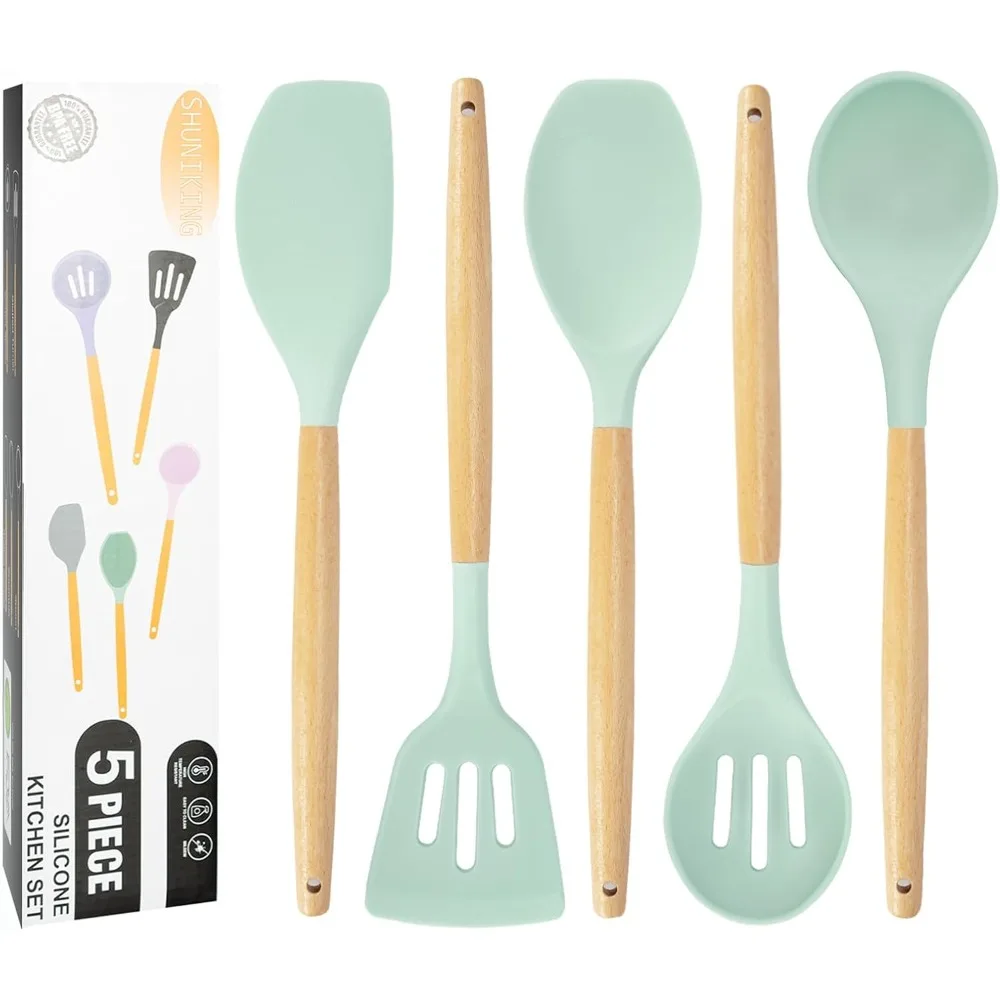 

kitchen utensils set, 5 pcs non-stick silicone kitchen cooking utensils with wooden handle, kitchen spatula cookware utensils se