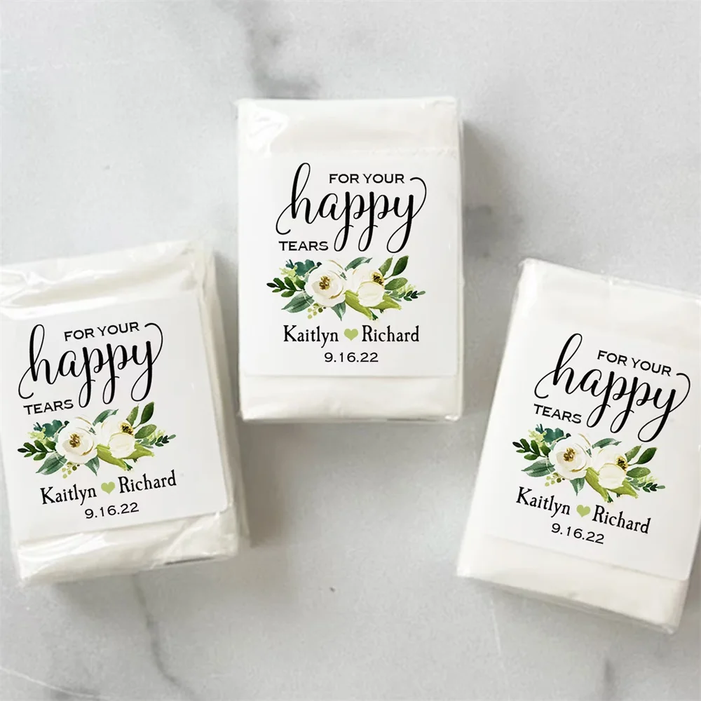 Happy Tears Tissue Personalized Wedding Favors Ceremony Pack of 12- White Floral Isabella Collection TPC9004