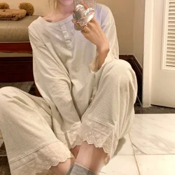Pajama Women Autumn Winter Long sleeved Pants Set Korean Sweet Lace Casual Striped Home Suit Two-piece Sleepwear Pijama Mujer