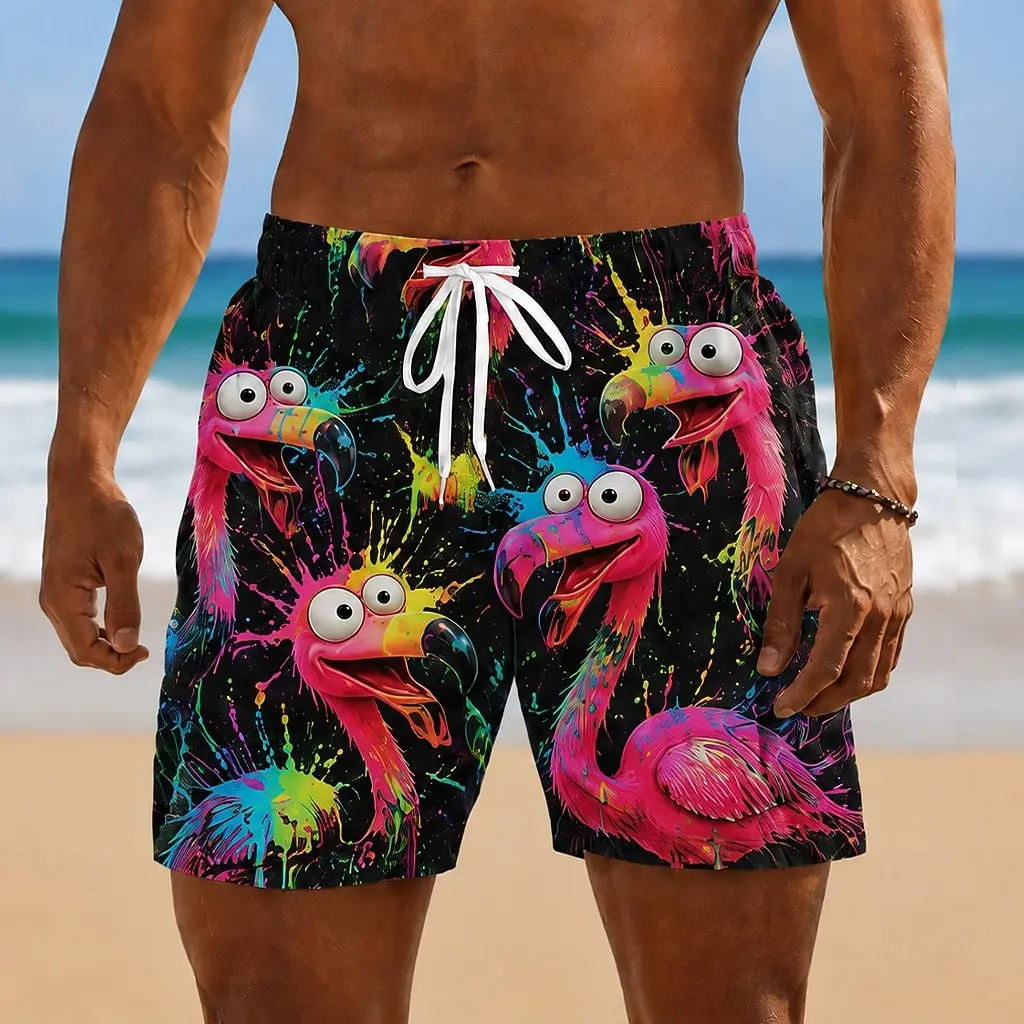 

Men's Spring Summer Casual Shorts, Graffiti Flamingo Splash Print Drawstring Swim Trunks for Holiday Beach & Casual Wear