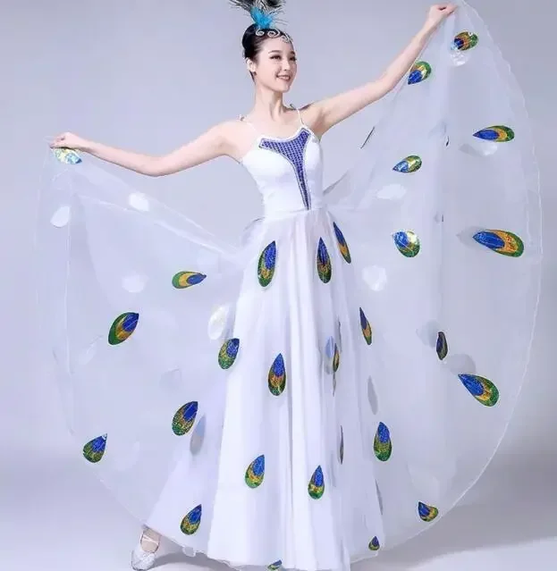 

1pcs/lot Adult woman peacock dancing Perofrmance Dress Women Big Wing Peacock Fancy Chiffon folk dancing Dress