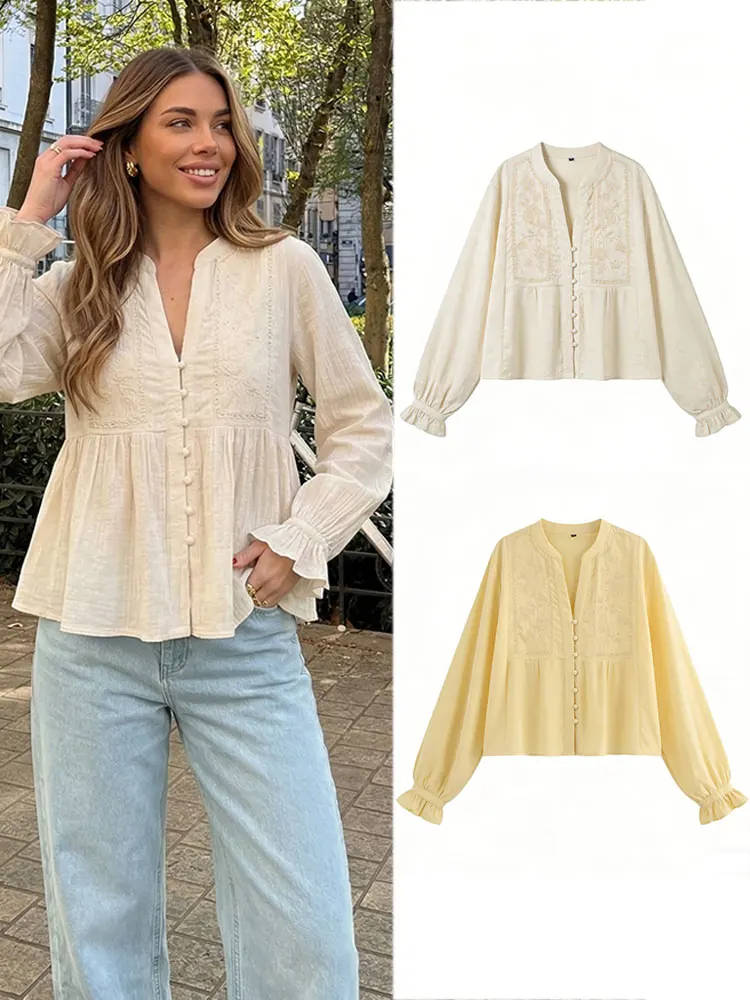 HH Women's Beige Vintage Embroidered Shirt V Neck Single Breasted Flare Sleeve Blouse Top Chic Retro Style Streetwear Tops