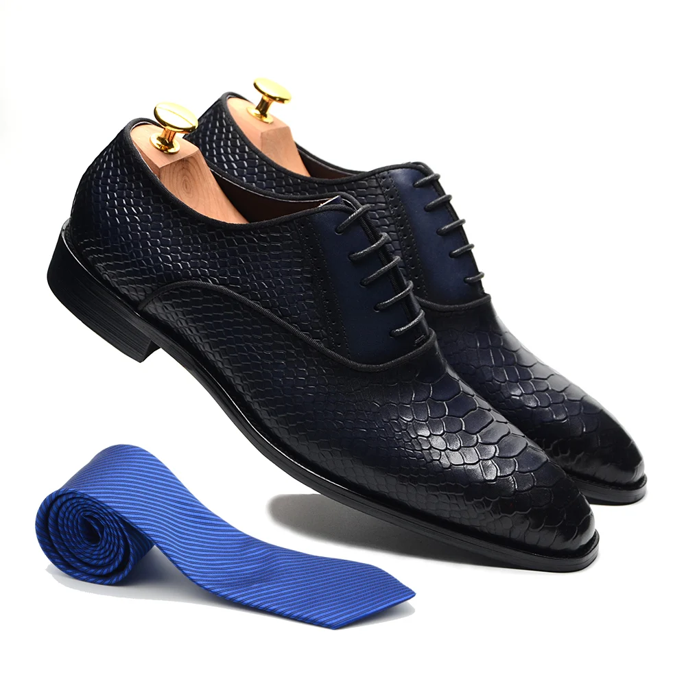 Classic Italian Genuine Leather Oxfords Burnishing Pointed Toe Business Wedding Luxury Snake Pattern Lace-up Men Dress Shoes