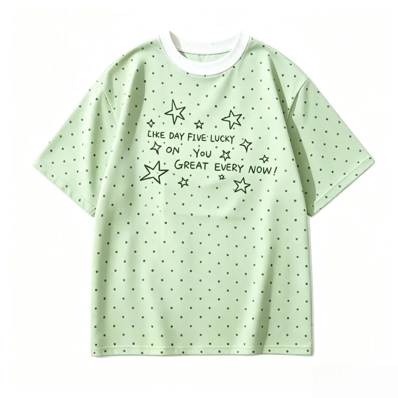 2026 polka dot star letter short sleeved women's Japanese loose T-shirt fresh and versatile round neck half sleeved top