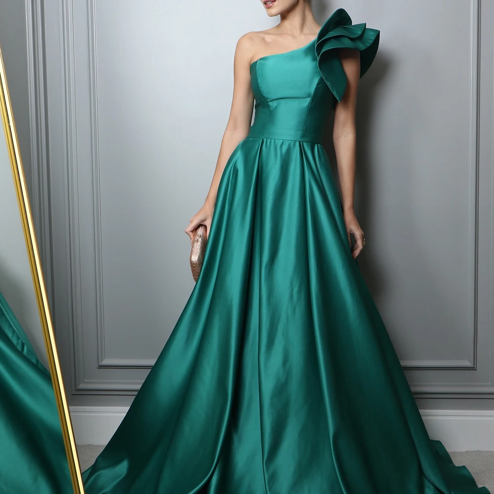 

Floor Length A-Line One Shoulder Satin Sleeveless Floor Length Pleats Court Train Solid Green Dresses For Formal Occasions 2024