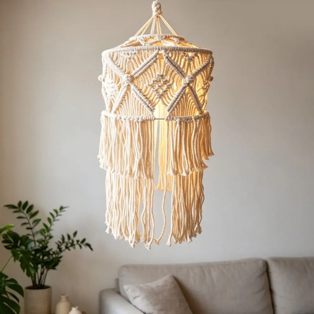 Handwoven Cotton Macrame Lampshade Tassel Detail Woven Texture Handmade Lamp Cover Handcrafted Design Cotton Rope