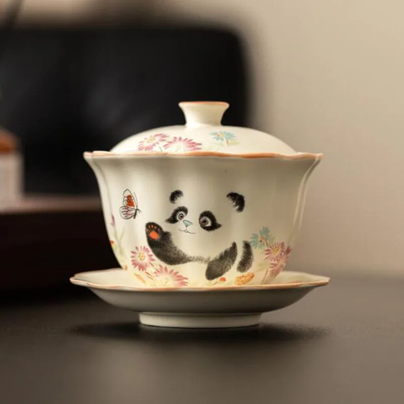 Beige Porcelain Panda Pattern Sancai Gaiwan Kungfu Tea Cup Tea Tureen infuser Bowl Kitchen Drinkware