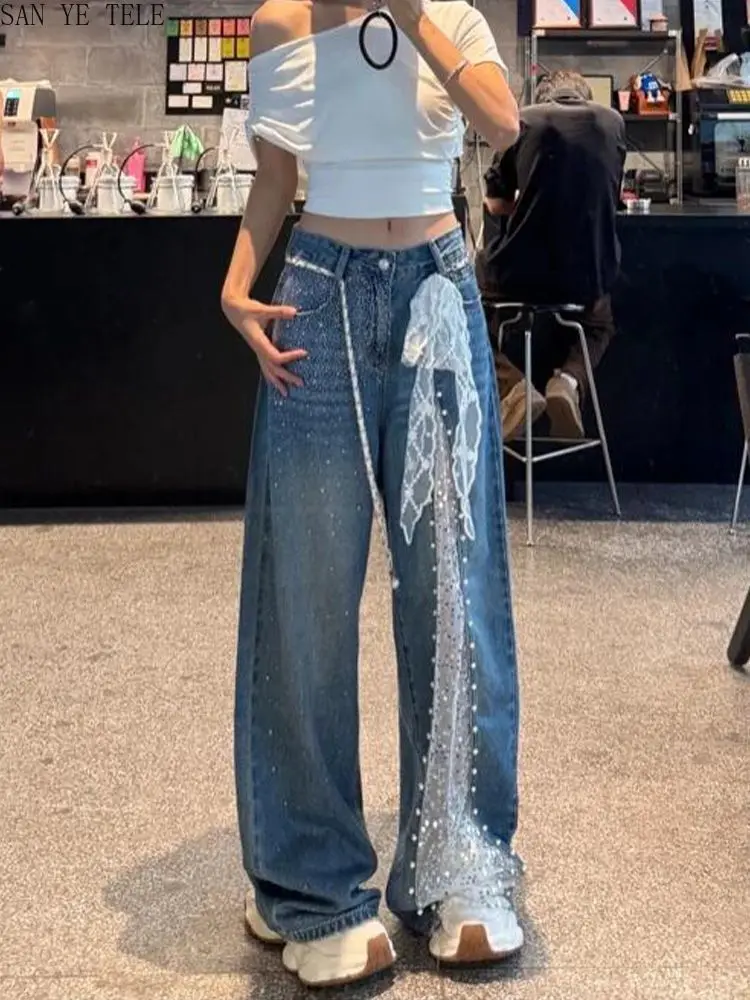 Bright Diamond Pearl Splicing Lace Jeans Korean Design Women Sexy Y2K Baggy Denim High Waist Straight Leg Floor-Length Pants