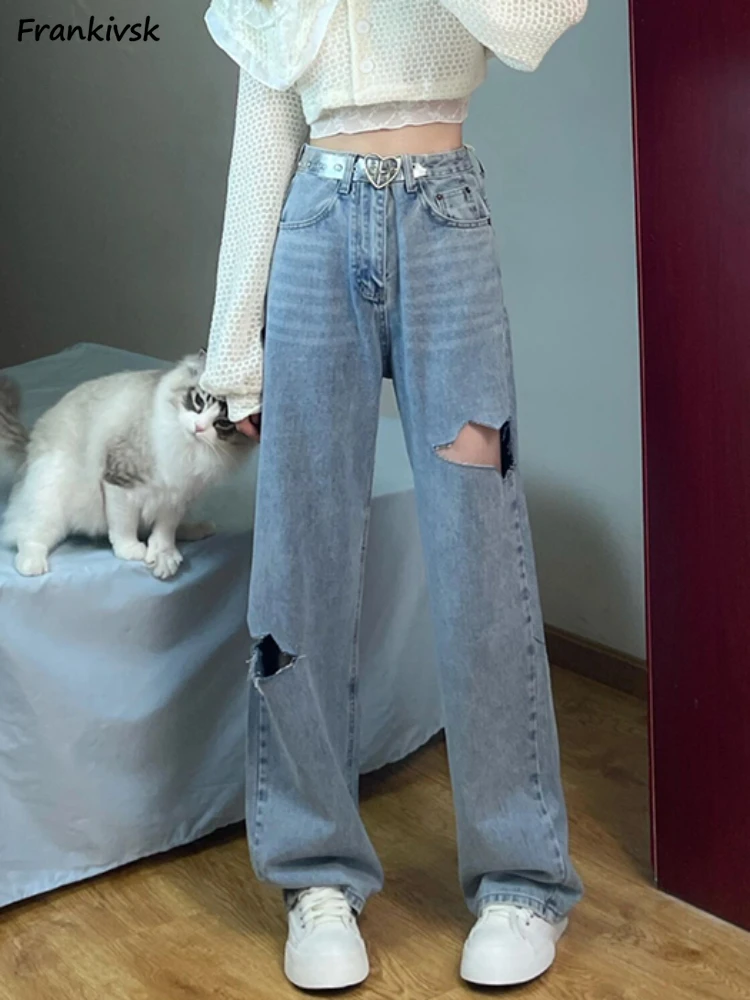 

High Wasied Jeans Women Simple College Fashion Korean Style Denim Trousers Basic Summer Baggy Solid Clothing Teens Vintage Daily