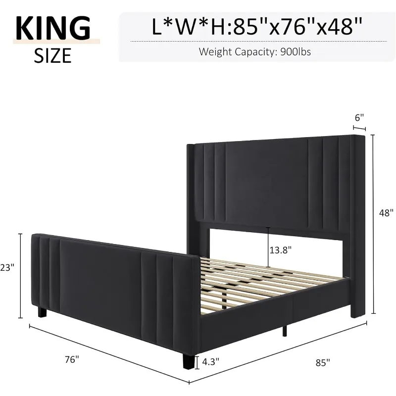 Bed Frame, Velvet Upholstered Platform Bed with Vertical Channel Tufted Headboard & Footboard/Wingback, Mattress Foundation