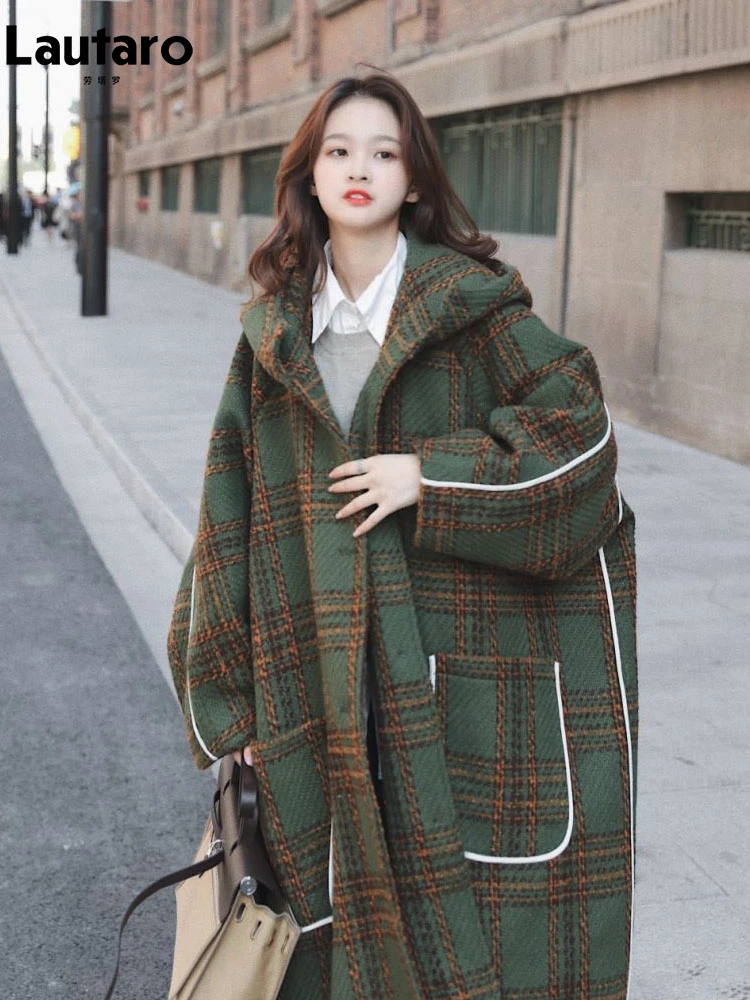 Lautaro Autumn Winter Long Oversized Warm White Patchwork Plaid Wool Blends Trench Coats Women with Hood Runway Korean Fashion