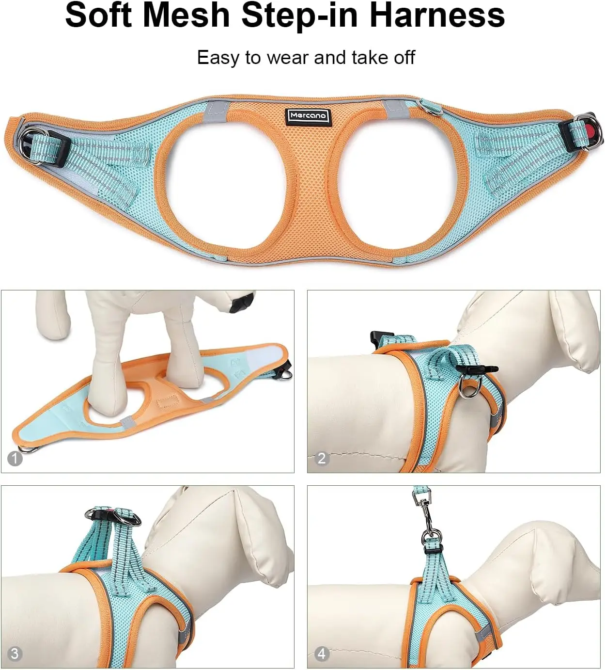 Soft Mesh Step-in hondenharnas en riemset, reflecterend ademend lichtgewicht vest voor kleine honden en katten, oranje blauw