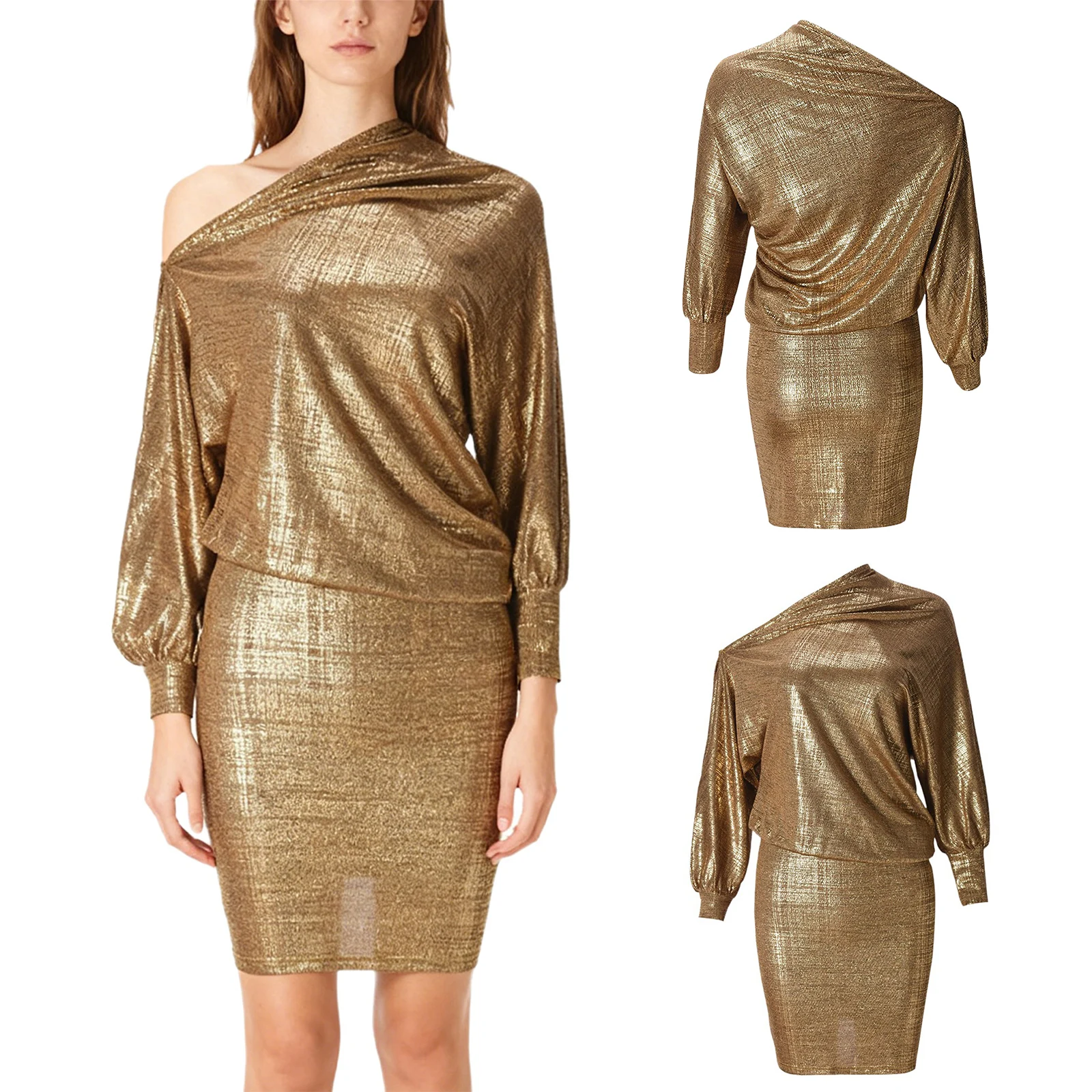 Women Shiny Metallic Pullover Bodycon Mini Dress Off The Shoulder Long Sleeve Natural Drape Dress for Banquet Wedding Party Rave