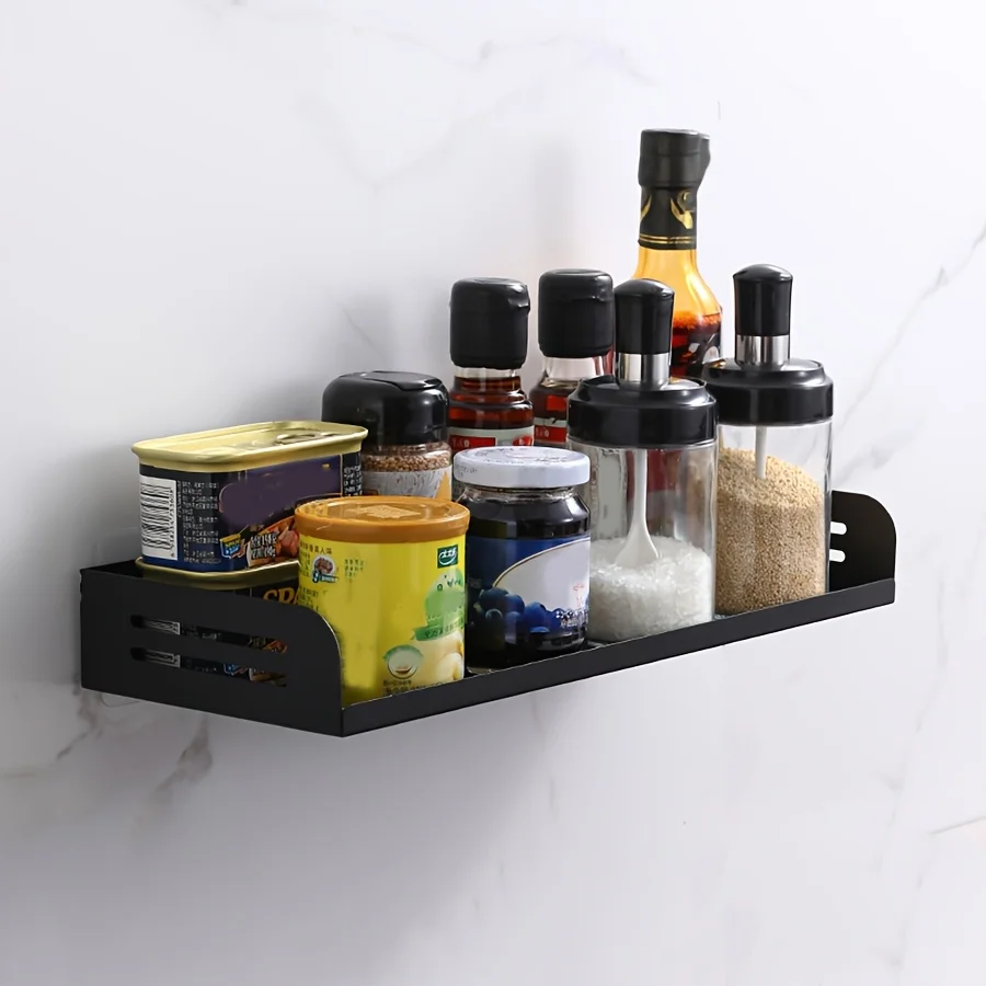 

Black No-Punch Wall-Mounted Floating Storage Rack Bathroom Shelf for Living Room Bedroom Kitchen Utility Organizer Display Rack