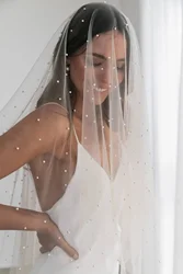 Pearls Wedding Veils 1 Tier Soft Bridal Veil Beaded Wedding Accessories 1.5M Cathedral Length Veil for Bride