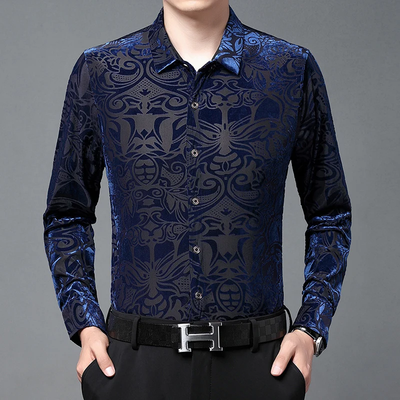 Exquisite Fashion Casual Shirts For Men Hollow Lace Long Sleeved Spring Quality Velvet Soft Comfortable Luxury Camisas De Hombre