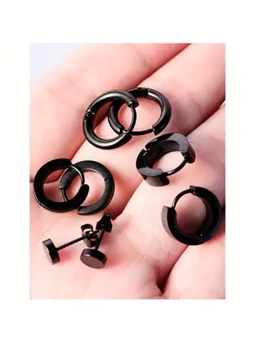 Stylish Men's 4-Pair Earring Set - Black Stainless Steel Studs & Hoops, Durable, Versatile & Allergy-Free