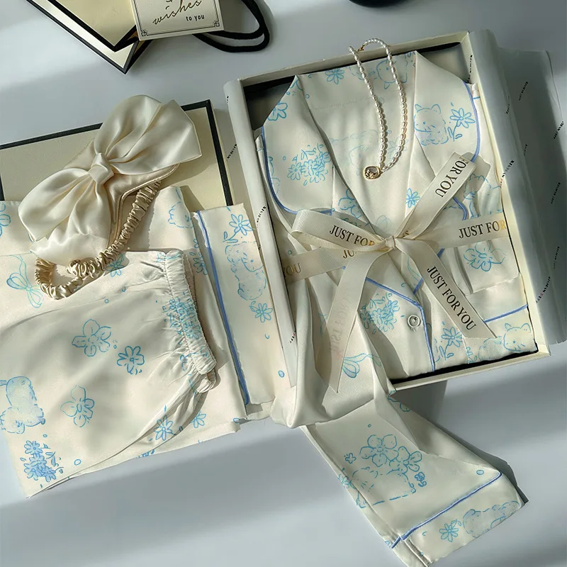 

Woman Cute Casual Print Pajamas Set Spring Autumn Two-Piece Woman Pyjama Satin Silk Long-sleeved Top Pants Pijama Pjs Loungewear