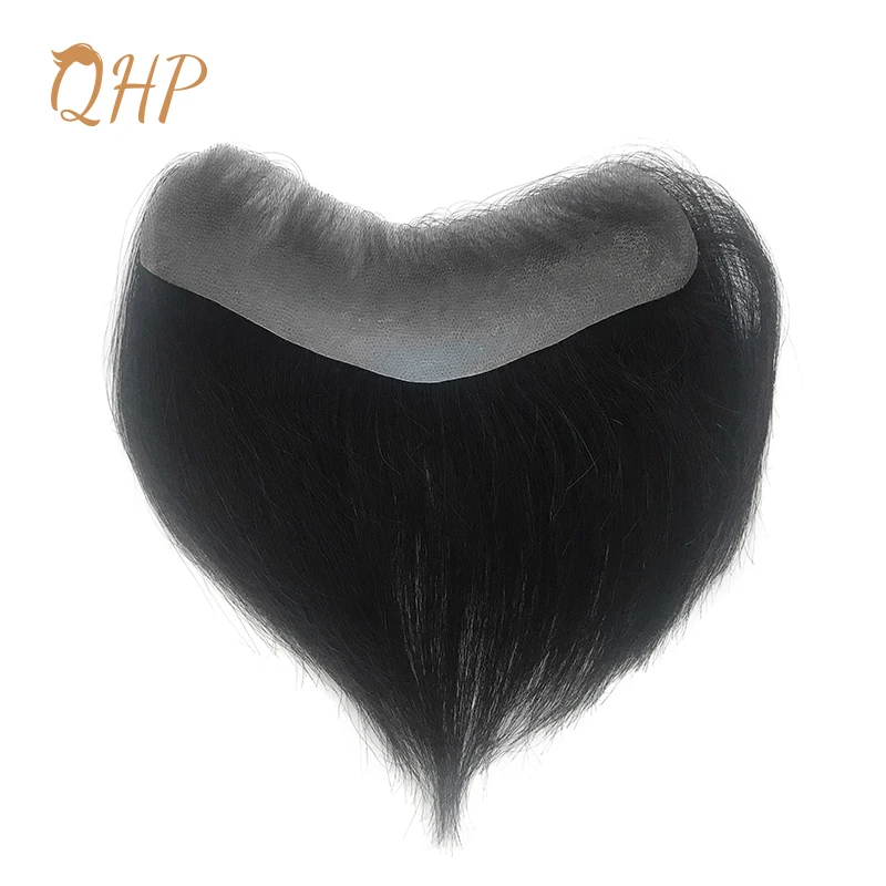 QHP Hair-Perruque de prothèse capillaire faite à la main pour hommes, toupet en PU, délié avant, vrais cheveux humains, système de postiche, densité 100%