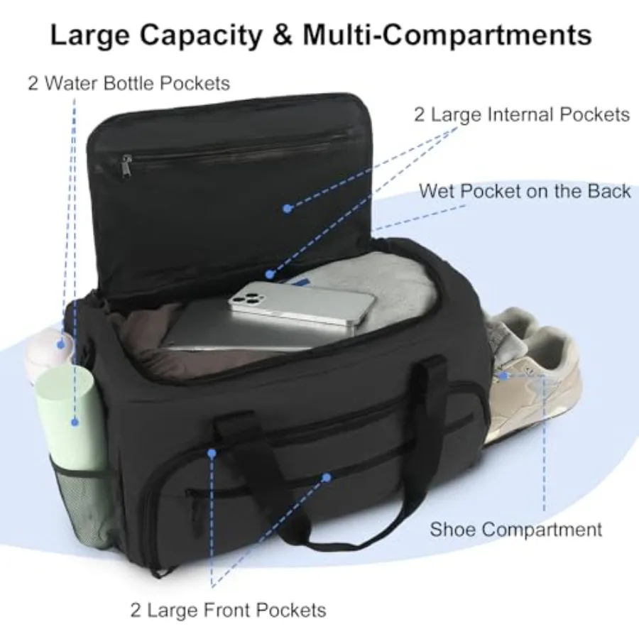Gym Bag for Men Women, Sports Duffle Bag with Wet Pocket and Shoes Compartment, Water Resistant Overnight Weekender Bag Duffel view 3