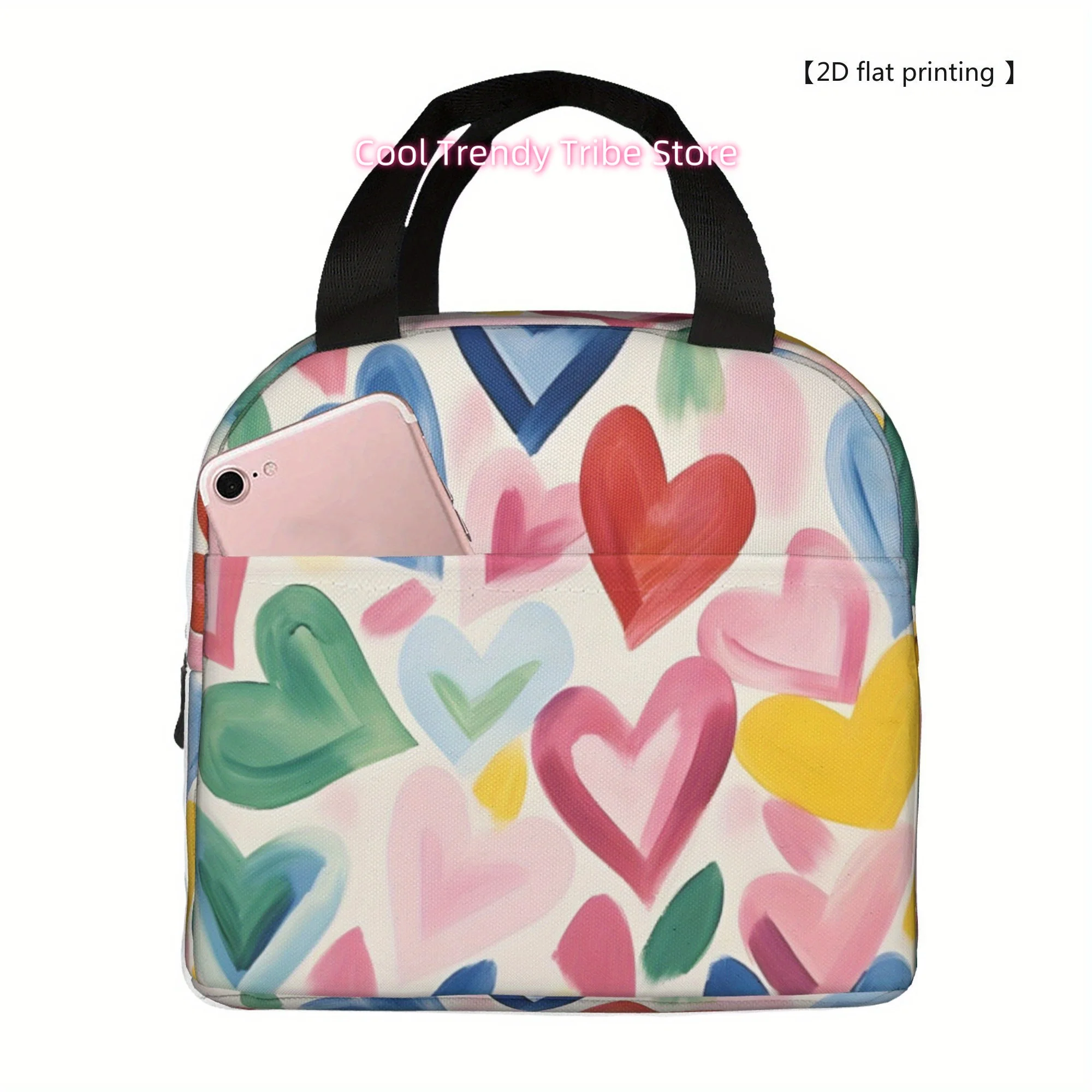 1pc [ 2D flat printing] Multicolored heart pattern Portable Reusable Cooler Bag, Lunch bag Boxed meal package top - handle bag l
