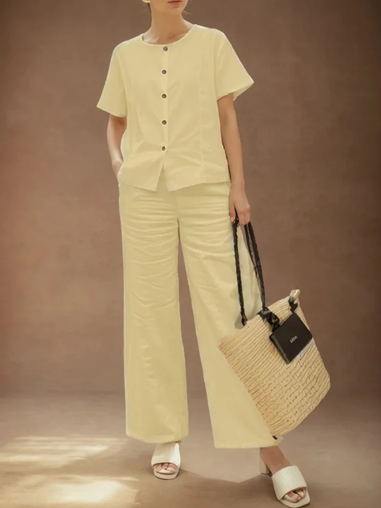 

ZANZEA Womens Fashion 2 Pieces Sets Casual O-Neck Short Sleeve Shirts Wide Leg Pants 2pcs Outfits Day Wear Solid Color Pant Sets