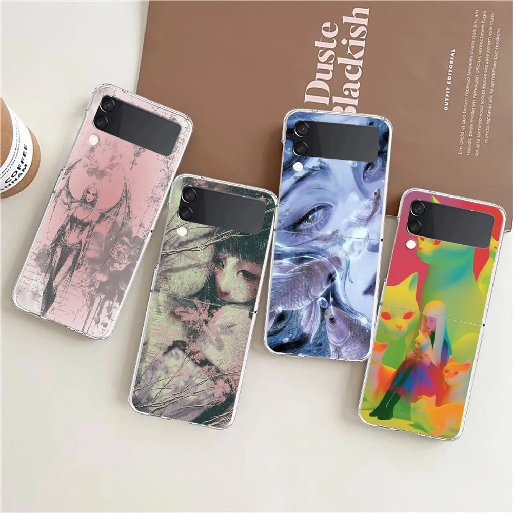 Phone Cover For Samsung Galaxy Z Flip 7 6 5 4 Case Transparent For Samsung Z Flip 3 Hard PC Foldable Shell Cartoon Girl Fundas