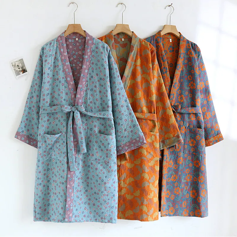 100% Cotton Shower Robe New Printed Spring Autumn Home Wear Clothes Lounge Winter Sleepwear Kimono Bathrobe Nightwear Women