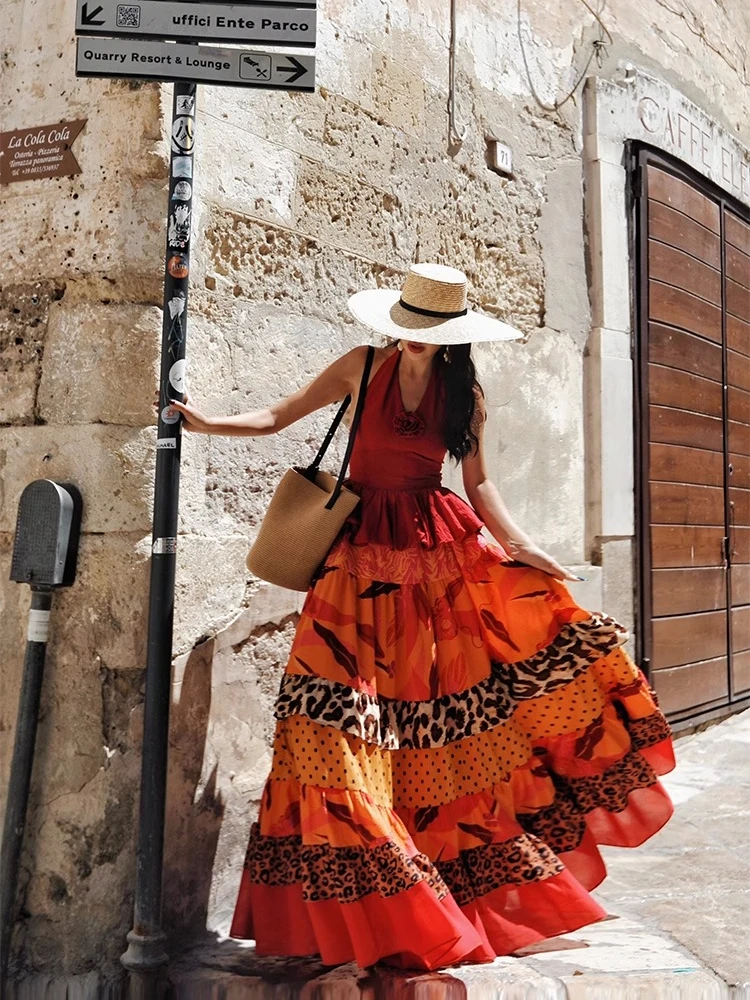 64-76 سنتيمتر الخصر الصيف البوهيمي عطلة تنانير طويلة النساء أنيقة الفرنسية ليوبارد طباعة المرقعة تكدرت كبير سوينغ عطلة تنورة #3