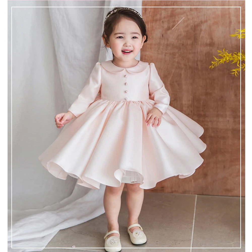 Gorgeous Pink White New Spring Summer Autumn Long Sleeve Peter Pan Collar 1 to 7 Year Birthday Party Baby Girls Princess Dress