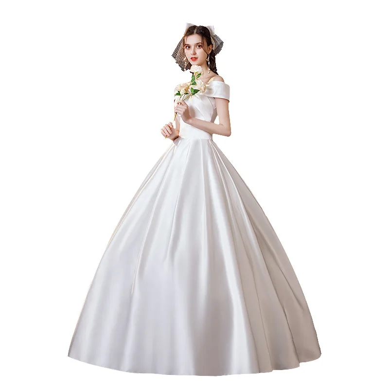 2024 Satin Wedding Dresses Off The Shoulder Sleeveless Heart-shaped Lace Up Simple Wedding Gowns