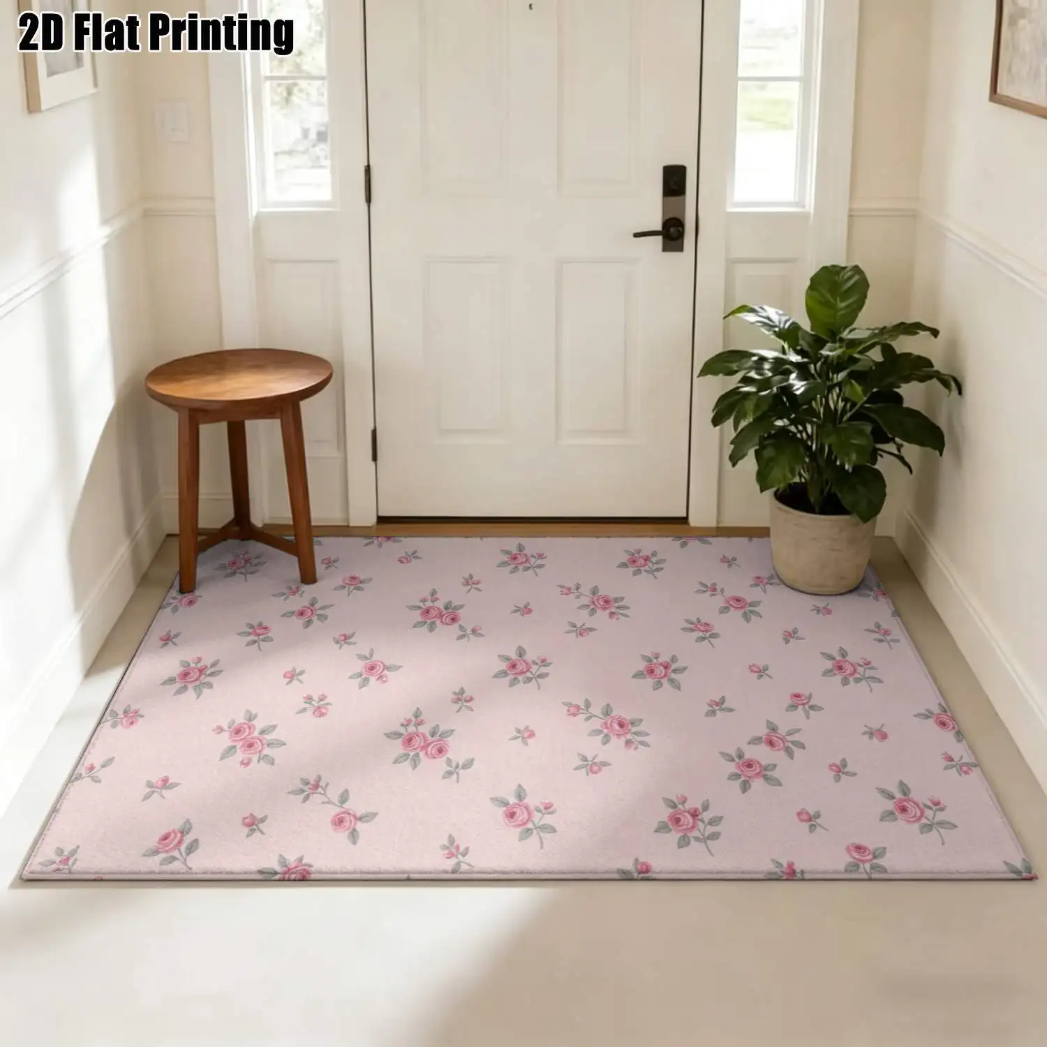 1Pc 2D Printed Soft Pink Rose Floral Vintage Carpet, Instagram-Style Floor Mat, Machine Washable, Multi-Size, Ideal for Home Decor Spaces