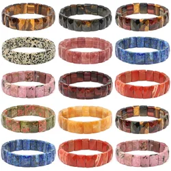 Natural Stone Rectangle Beads Strand Bracelet Amethyst Rose Quartz Healing Crystal Elastic Bangle for Women Men Gem Jewelry Gift