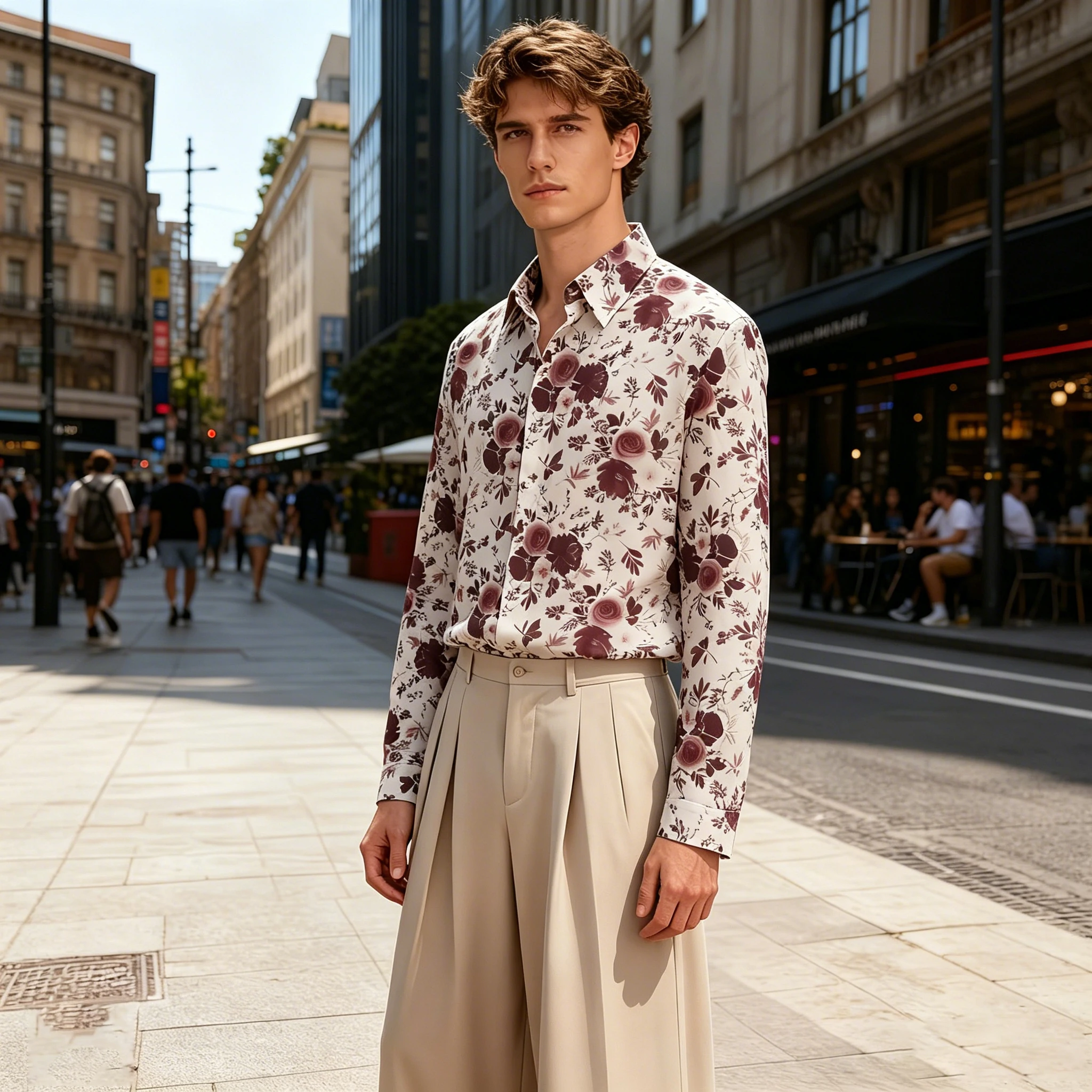 Men's collared loose-fitting long-sleeved shirt, floral print, flowy blouse, urban casual cardigan top.