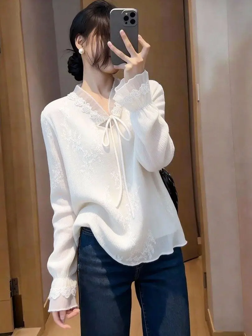 Niece Popular Gentle Style White Semi-Transparent Lace Long Sleeve V-Neck Women's Shirt Spring 2026 Bell Sleeve Top