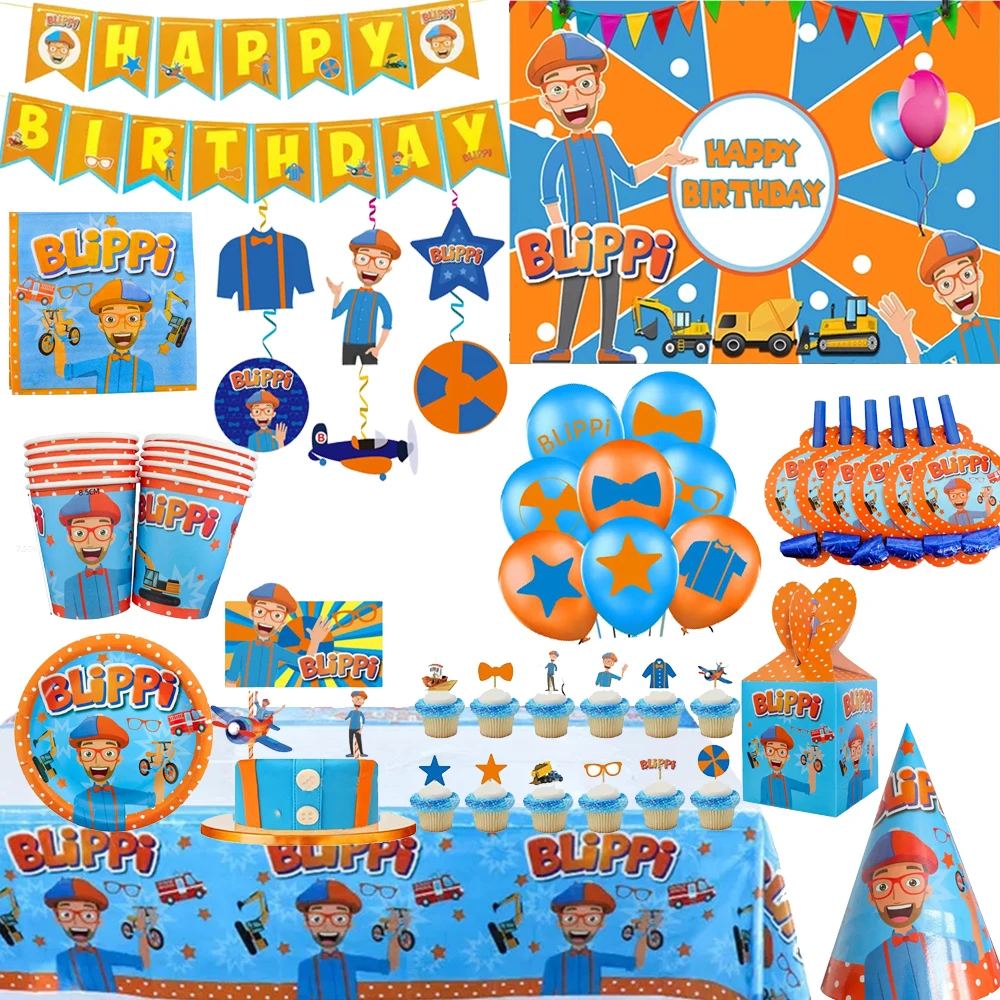 Blippiing Theme Birthday Party Decor Party Tableware Balloon Banner     Cake Topper Backdrop for Boy Baby Shower Party Supplies