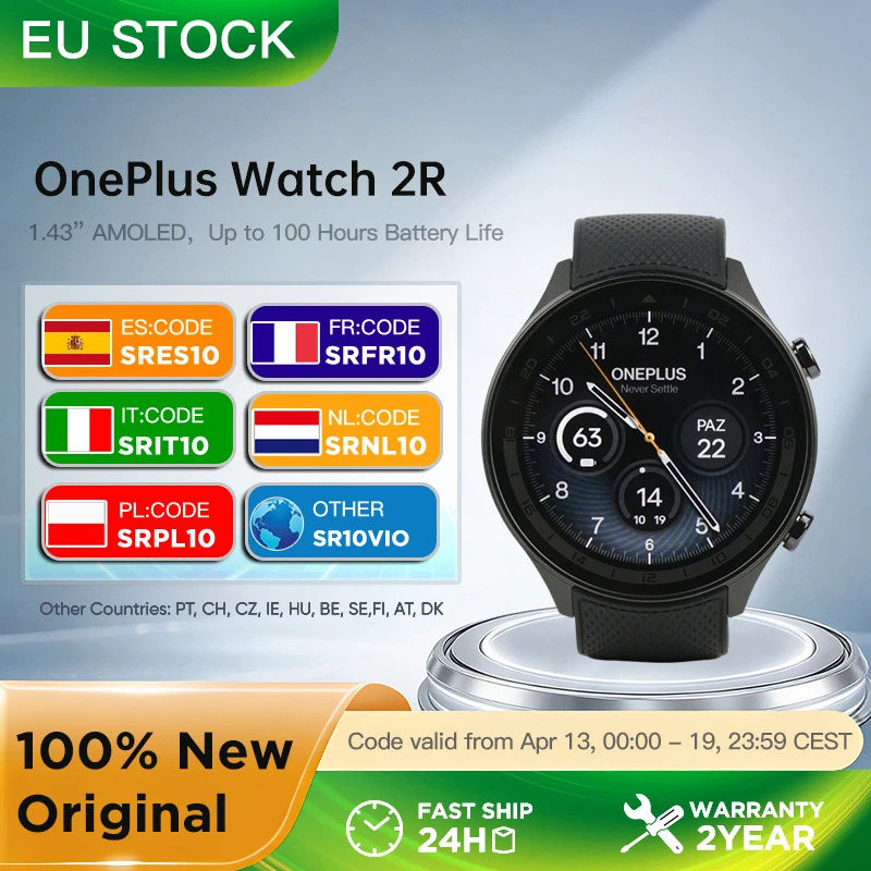 Montre connectée OnePlus Watch 2R, écran AMOLED 1,43'', Snapdragon W5 Gen 1+ ​ BES2700 Autonomie de la batterie de 100 heures WiFi Wear OS par Google GPS 2024