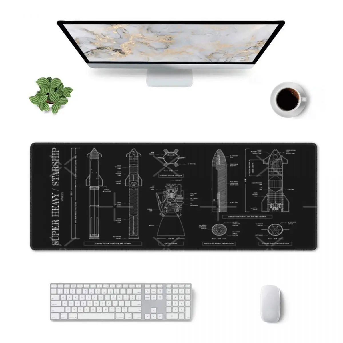 SPACEX Super Heavy Starship (White Stencil - No Background) Rubber Keyboard Pads