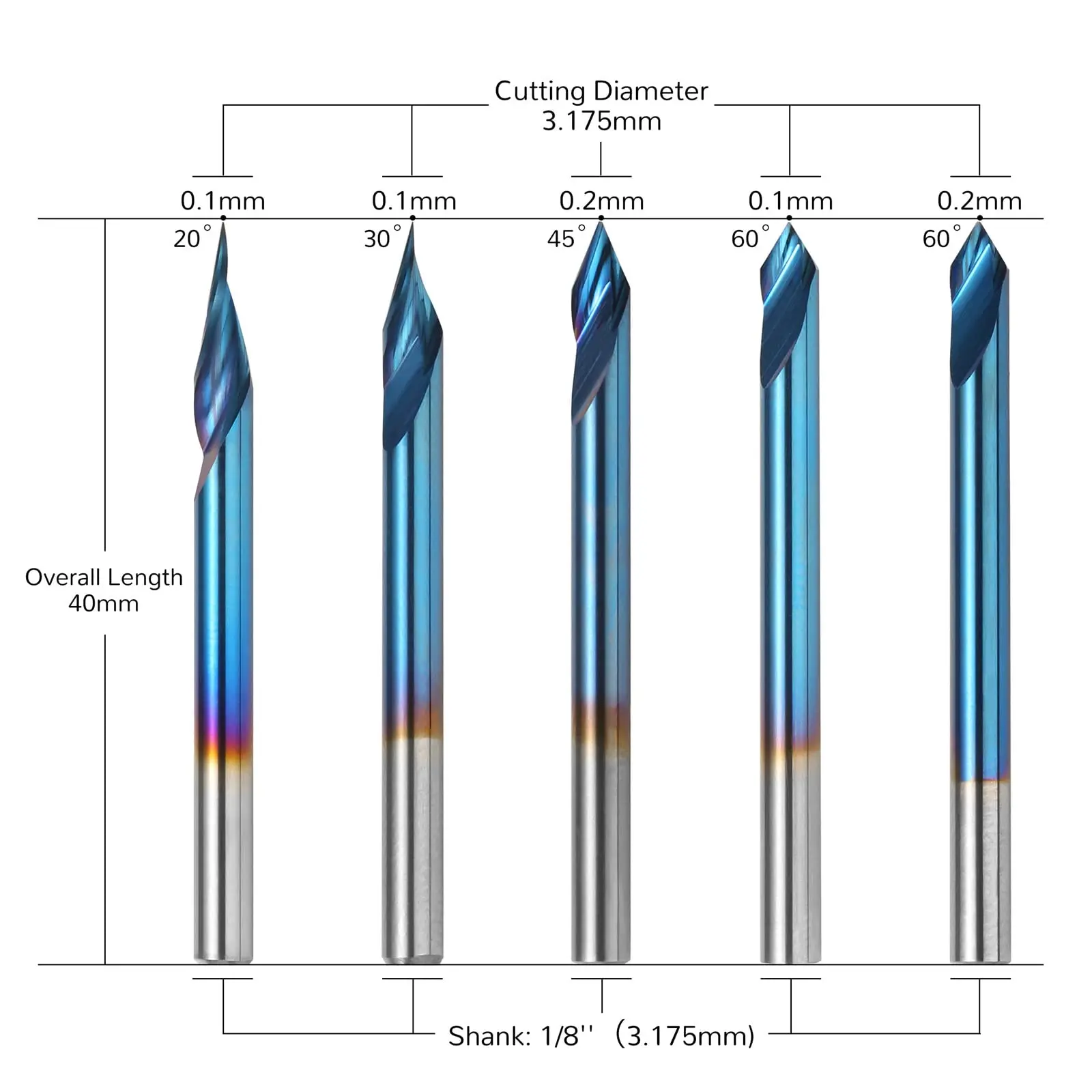 Genmitsu 5 pezzi punte per Router CNC con scanalatura a V, gradi 20/30/45/60, 1/8 ''frese a candela con rivestimento Nano blu con gambo, per fresatura di intaglio del legno