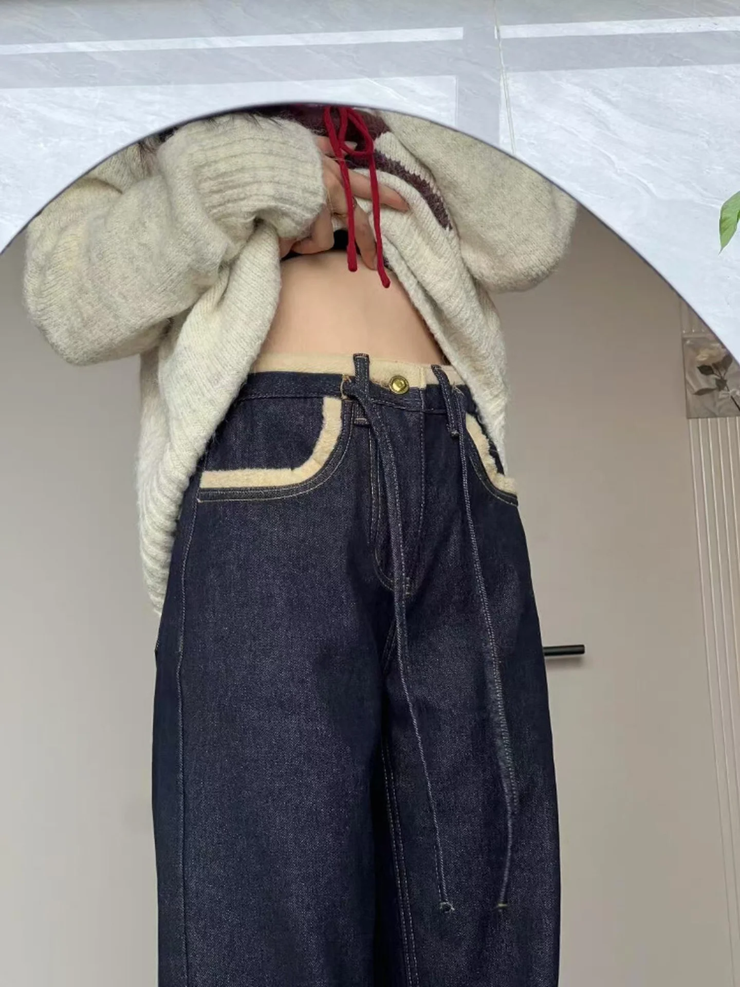 plus Size American Sle Fce Lined Thi Straight Leg Jeans Women Winter Warm Wide Leg High Waist Denim Pants Bootcut Trou...