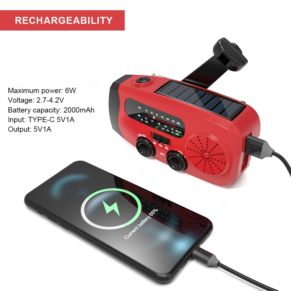 شاحن هاتف محمول مع أضواء LED، راديو كرنك اليد بالطاقة الشمسية، مشحون USB، طاقة شمسية، متعدد الوظائف للبقاء في الهواء الطلق
