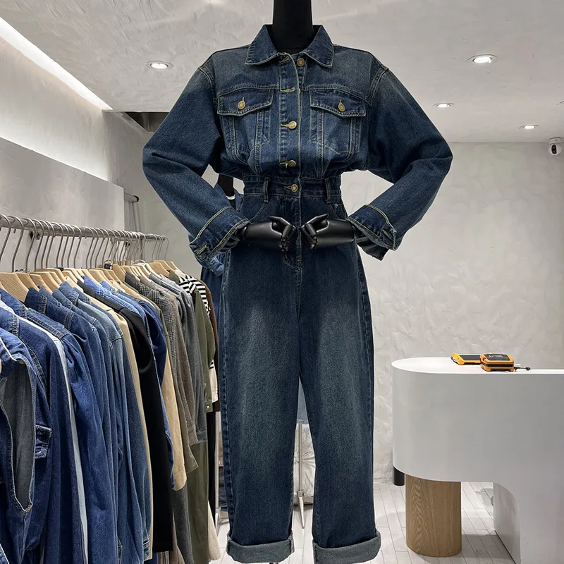 

Retro collection waist jumpsuit women's spring and autumn 2024 new high waisted wide leg jumpsuit jeans with polo collar design