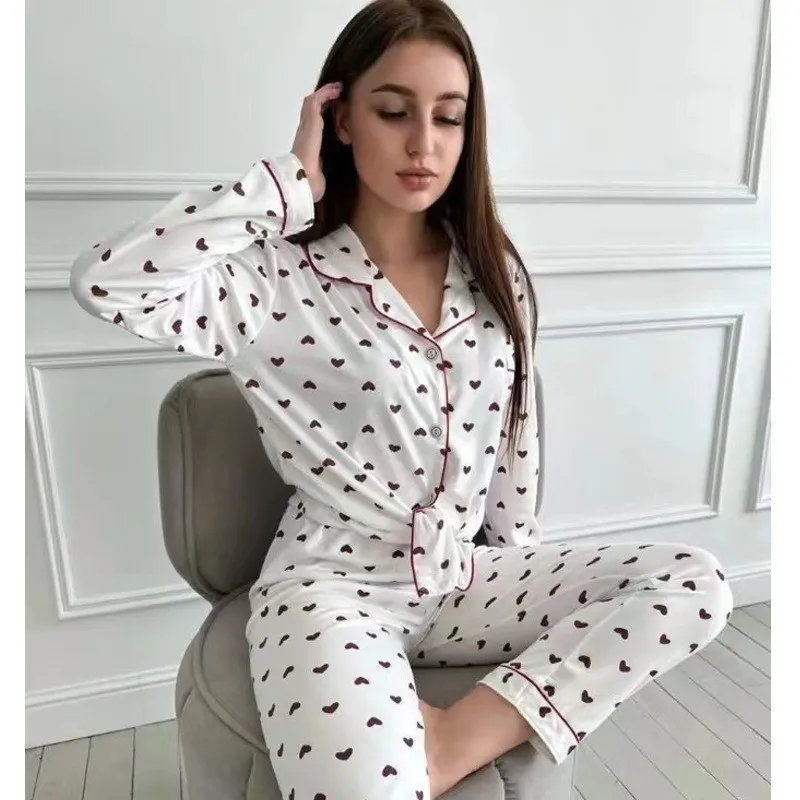 M-XXL Large Size Nightwear Women Sleepwear Autumn and Winter Cardigan Home Wear Peach Heart Long Sleeves School Silk Pajamas