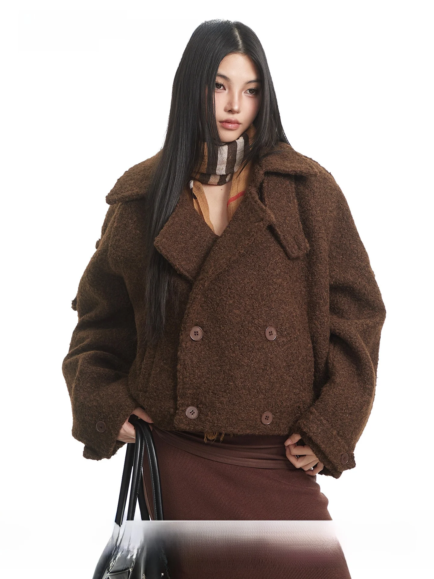 

UNCMHISEX Retro Brown Double-Breasted Stand Collar Cotton Jaet Women's Autumn Winter Thi Warm ort Woolen Coat