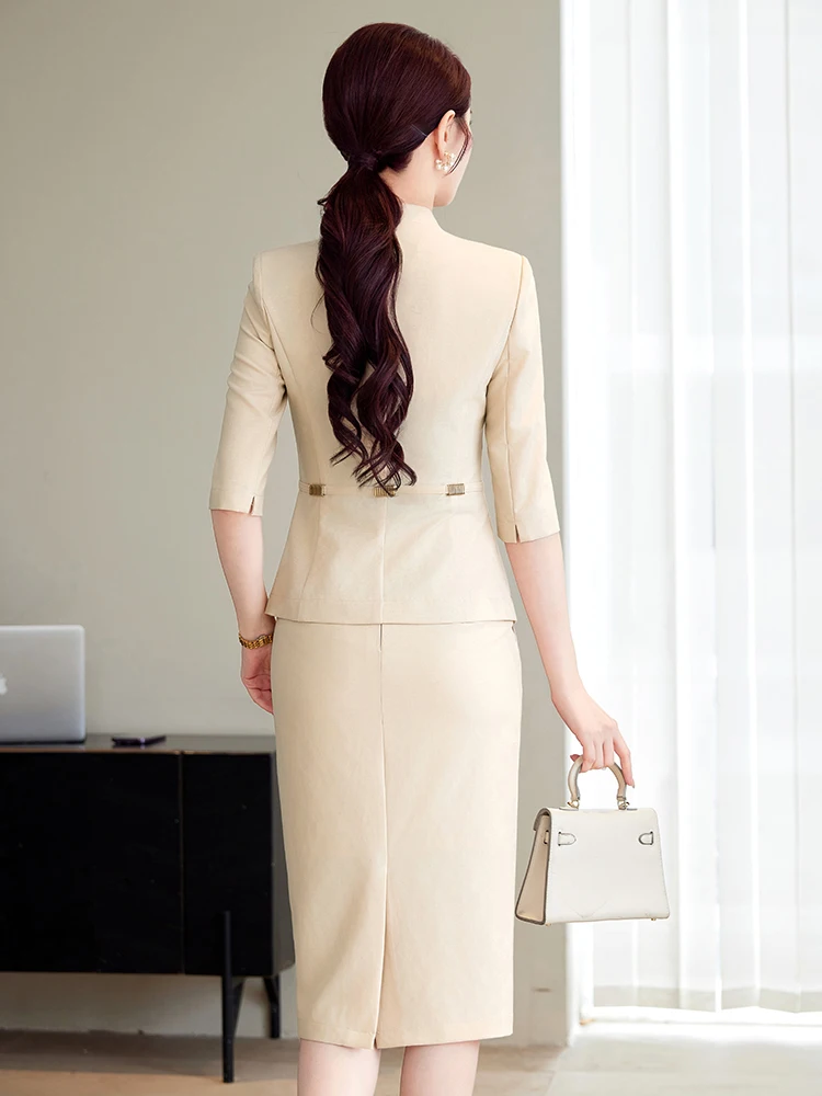 NAVIU ใหม่ฤดูใบไม้ผลิฤดูร้อนหญิง Elegant ผู้หญิงชุดกระโปรง Apricot Navy Blue Blazer และกระโปรงสํานักงานธุรกิจ Lady 2 ชิ้นชุด
