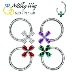 F136 ASTM Titanium Earrings 5A Zircon Stones Sexy Flower Nose Rings Hinged Septum Hoop Fashion Helix Daith Body Piercing Jewelry
