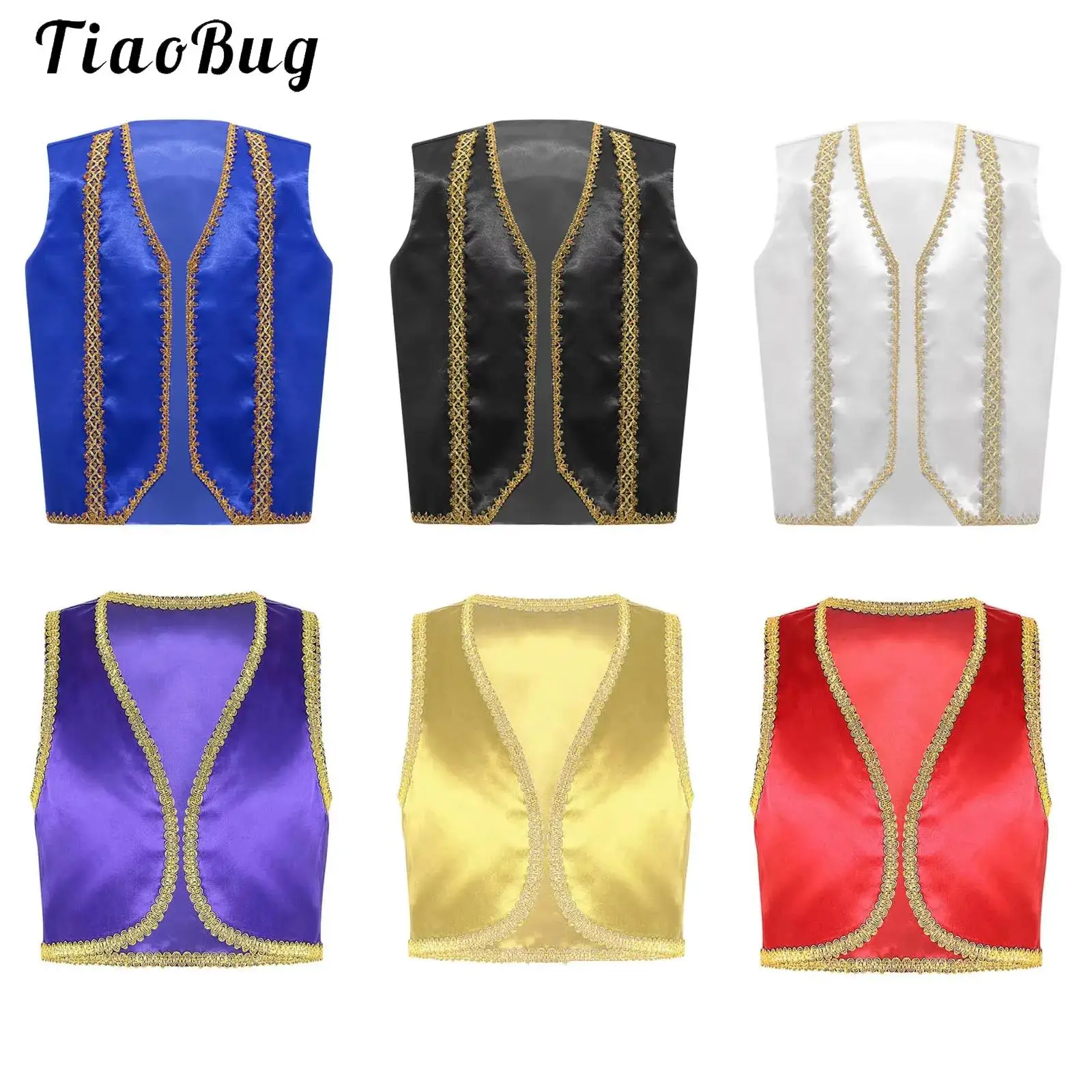 

Children Boys Arabian Prince Costume Golden Trim Open Front Satin Vest Waistcoat for Halloween Cosplay Genies Dress Up Tops