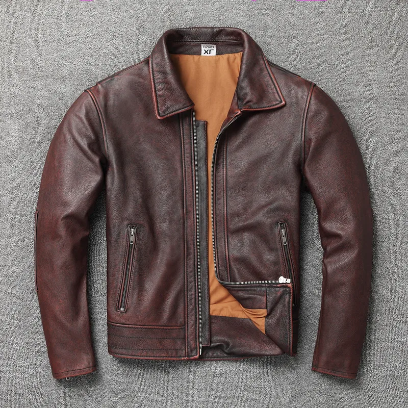 

Retro Head Layer Make Old Luxury Genuine Leather Autumn Men Coat Riders Biker Winter Male Reddish Real Leather Jacket Coats